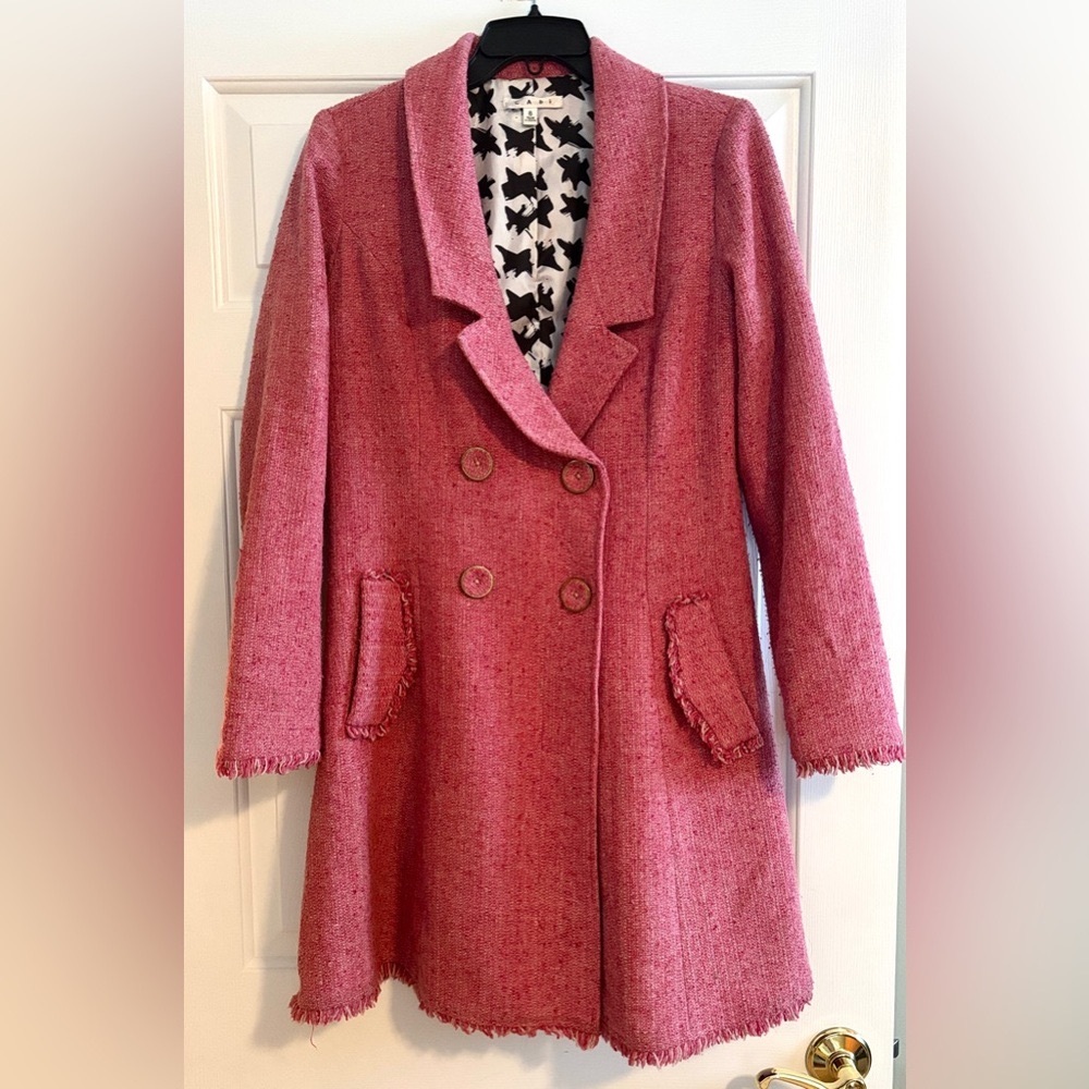 CAbi Pink Tweed Pea Coat with Fringed Edges